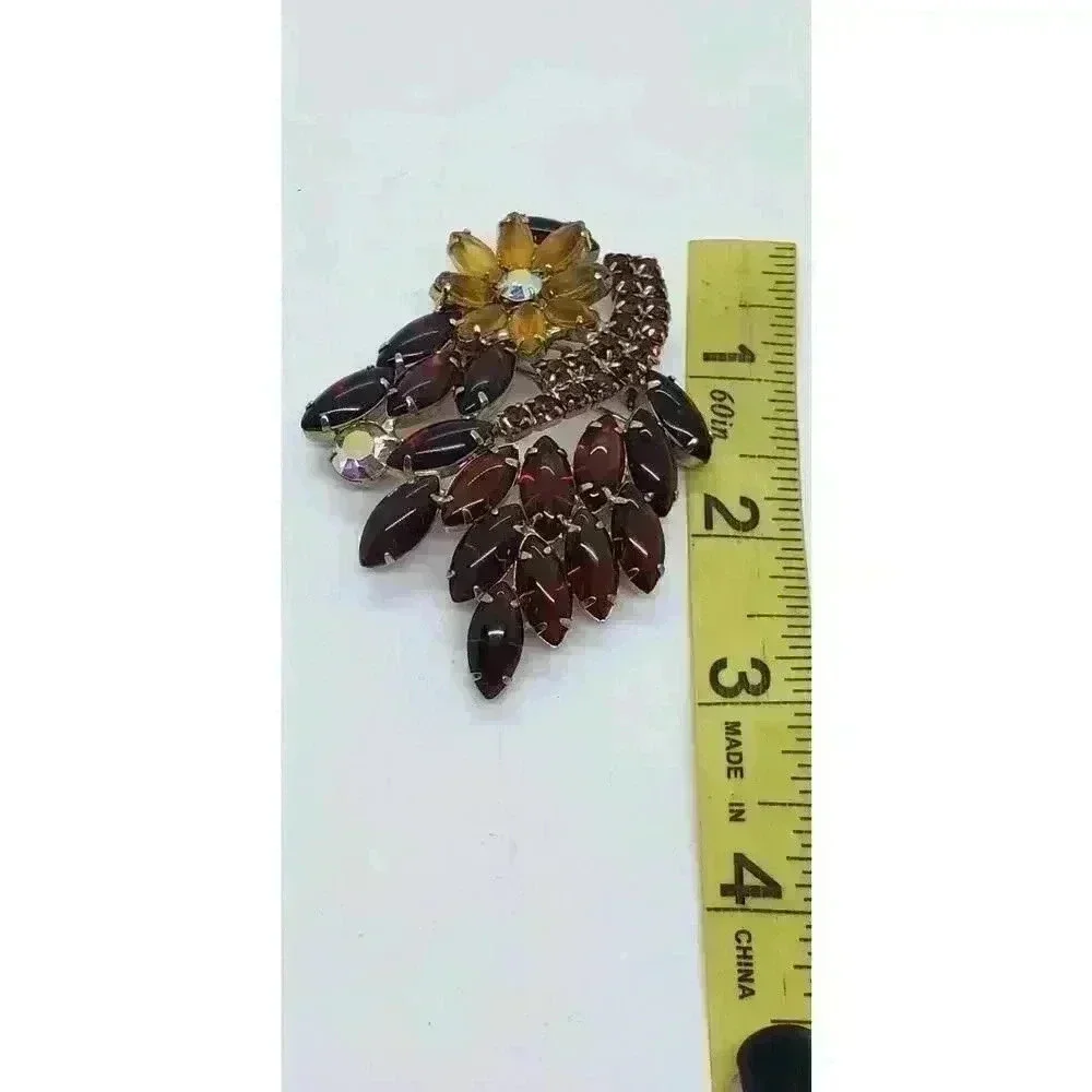 Vintage Rhinestone Brooch Citrine Flower Brown Open Back AB Drama Statement
